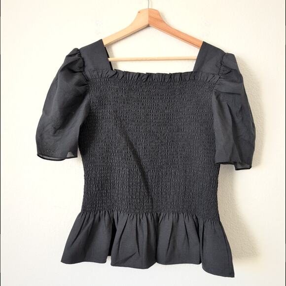 Rachel Parcell Black Smocked Blouse Size L Ruffle Puff Sleeve Square Neck Top - Picture 6 of 8